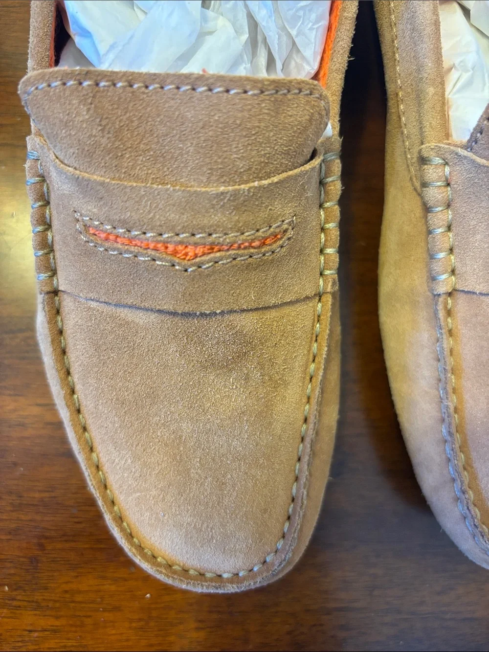 Manolo Blahnik brown Suede Penny Loafers with Orange Accent